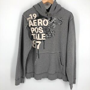 Vintage Aeropostale Y2K Mens Hoodie Sweatshirt‎ Size XL Gray Graphic Grunge